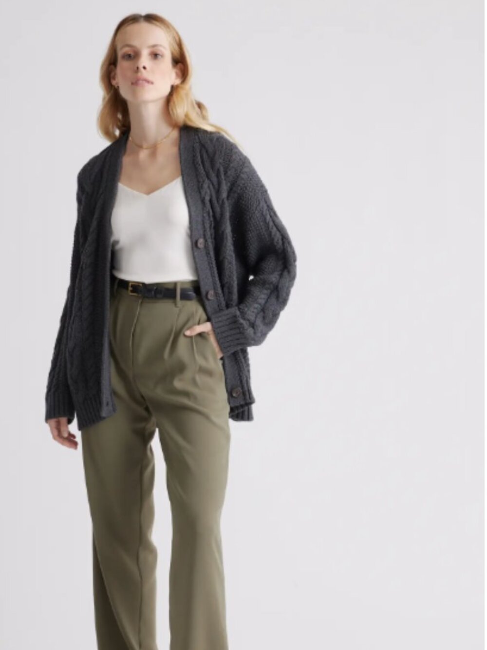 100% Organic Cotton Oversized Cable Cardigan, size L, Charcoal